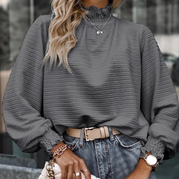 Floral Blooming Tops - Gray Shirred Mock Neck Puff-Sleeve Top